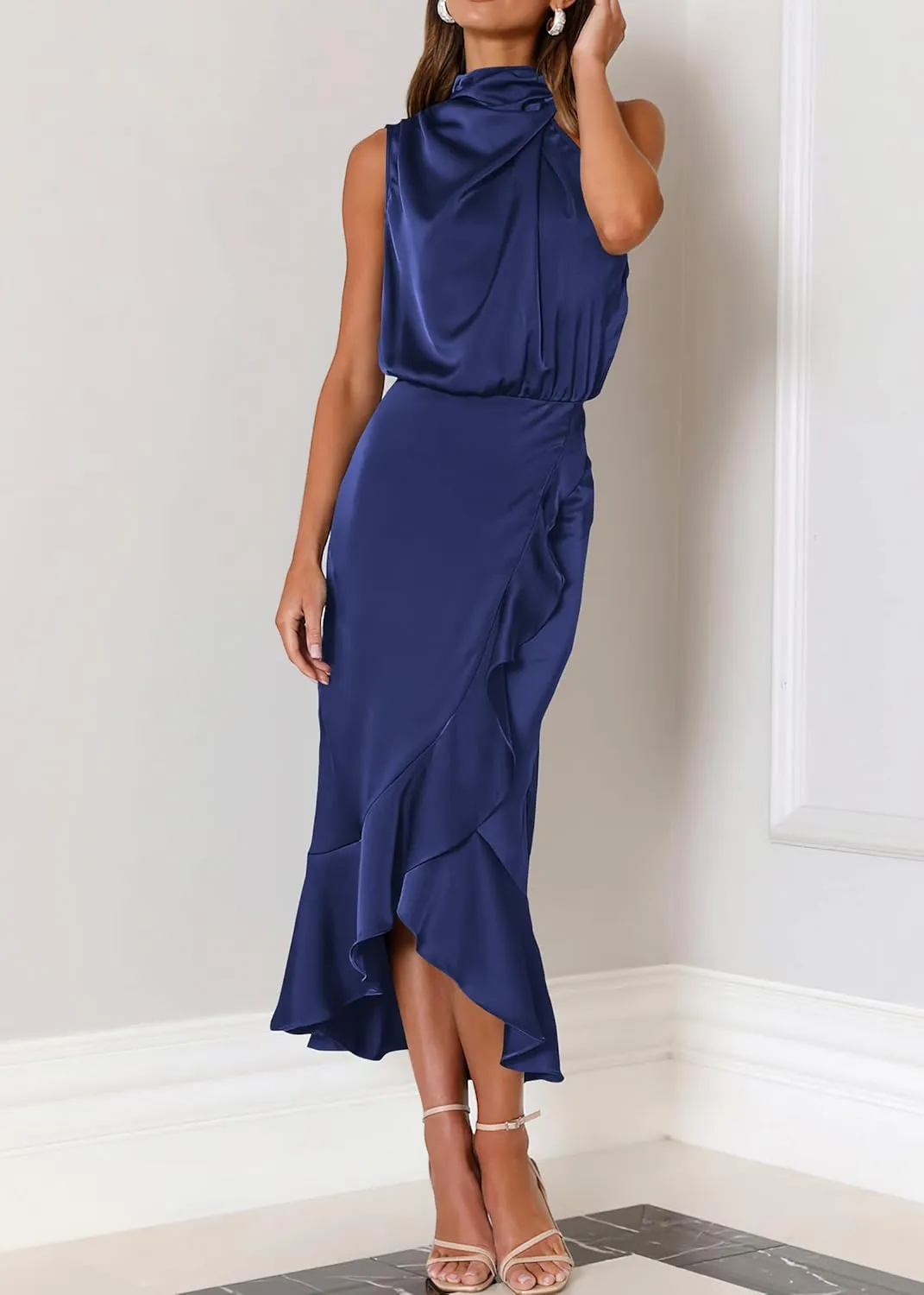 KIRUNDO Womens 2025 Summer Satin Mock Neck Wedding Guest Party Cocktail Midi Dress Sleeveless Wrap Ruffle Formal Dresses