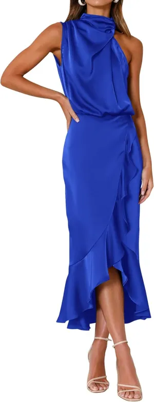 KIRUNDO Womens 2025 Summer Satin Mock Neck Wedding Guest Party Cocktail Midi Dress Sleeveless Wrap Ruffle Formal Dresses