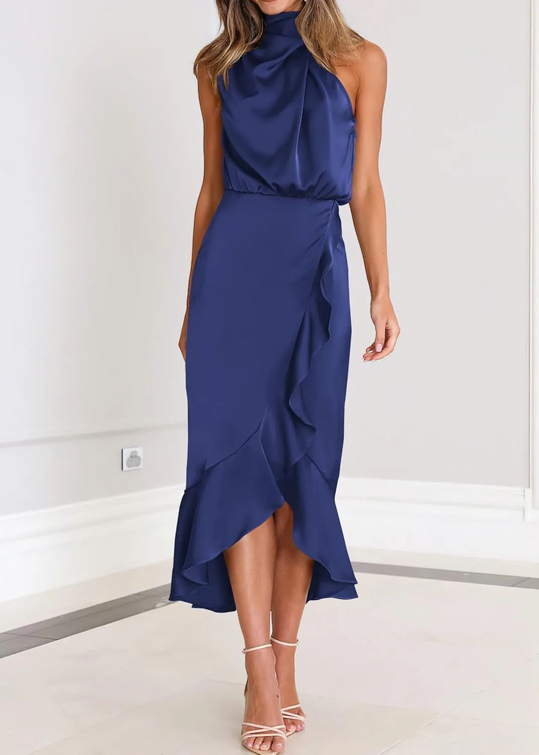 KIRUNDO Womens 2025 Summer Satin Mock Neck Wedding Guest Party Cocktail Midi Dress Sleeveless Wrap Ruffle Formal Dresses