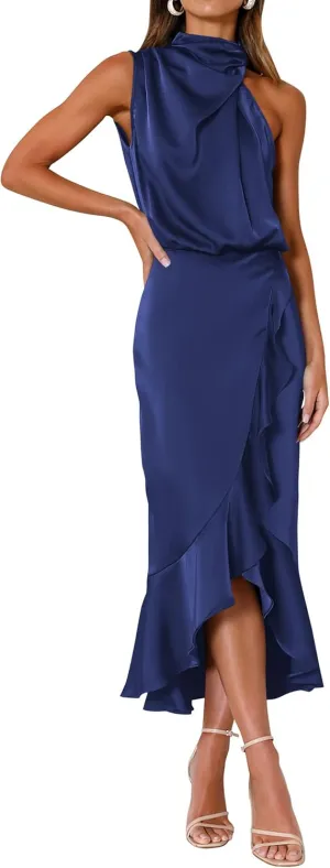 KIRUNDO Womens 2025 Summer Satin Mock Neck Wedding Guest Party Cocktail Midi Dress Sleeveless Wrap Ruffle Formal Dresses