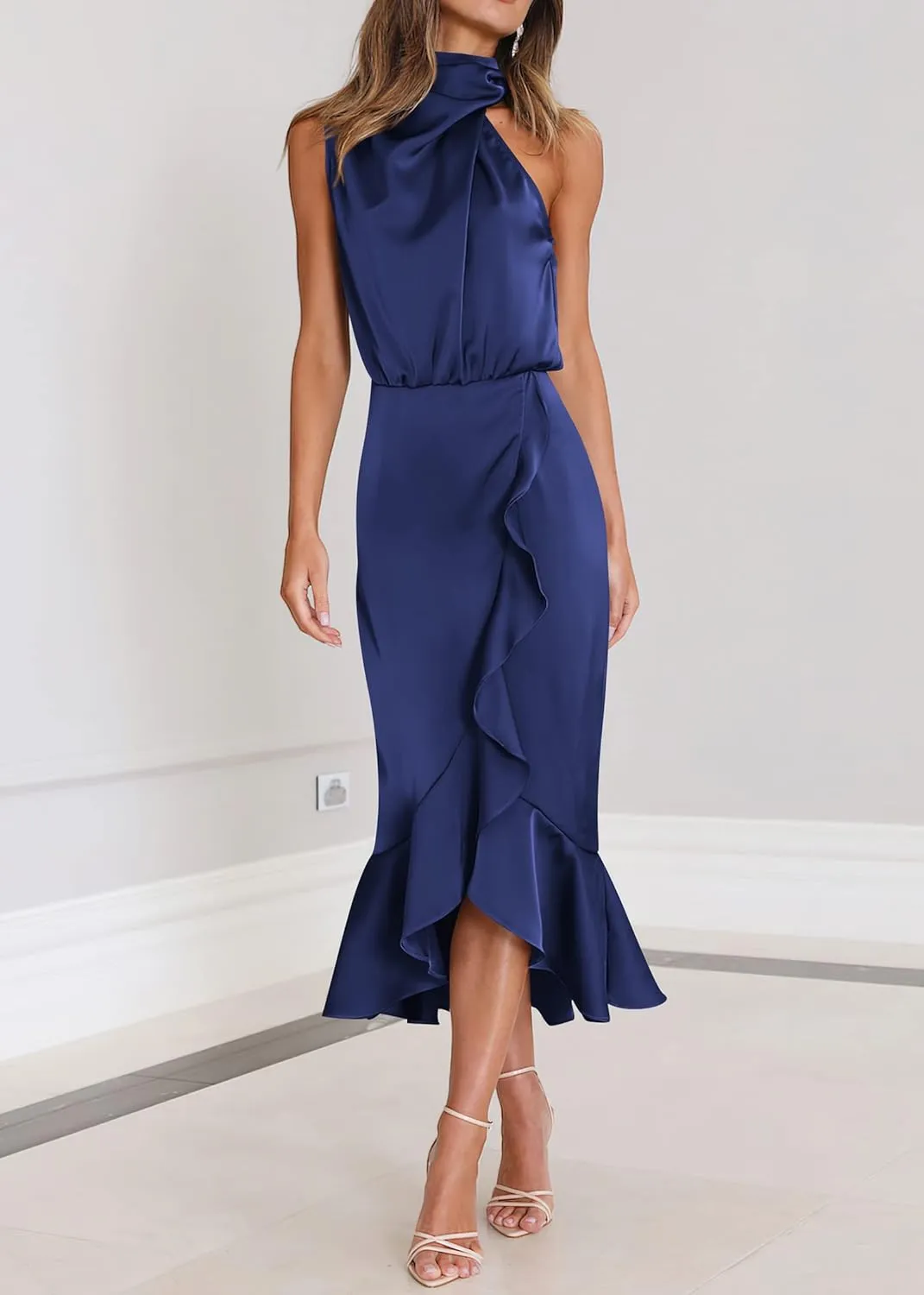 KIRUNDO Womens 2025 Summer Satin Mock Neck Wedding Guest Party Cocktail Midi Dress Sleeveless Wrap Ruffle Formal Dresses