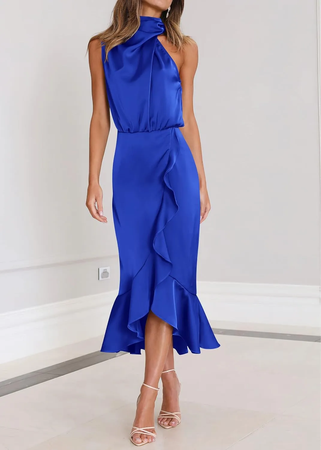 KIRUNDO Womens 2025 Summer Satin Mock Neck Wedding Guest Party Cocktail Midi Dress Sleeveless Wrap Ruffle Formal Dresses