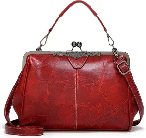 Kiss Lock Purses Vintage Hollow PU Leather Handbag Clutch Satchel Kisslock Crossbody Bag For Women