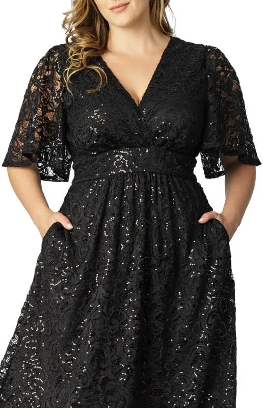 Kiyonna Plus Size Starry Sequin Lace Midi Cocktail Dress | Party, Holiday, & Wedding Guest Dress