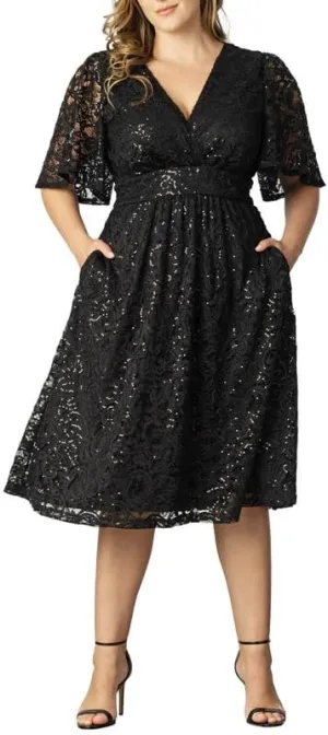 Kiyonna Plus Size Starry Sequin Lace Midi Cocktail Dress | Party, Holiday, & Wedding Guest Dress