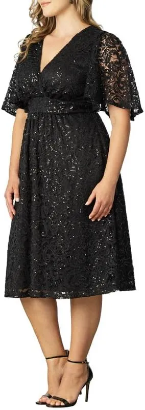 Kiyonna Plus Size Starry Sequin Lace Midi Cocktail Dress | Party, Holiday, & Wedding Guest Dress