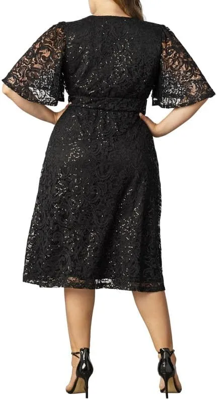 Kiyonna Plus Size Starry Sequin Lace Midi Cocktail Dress | Party, Holiday, & Wedding Guest Dress