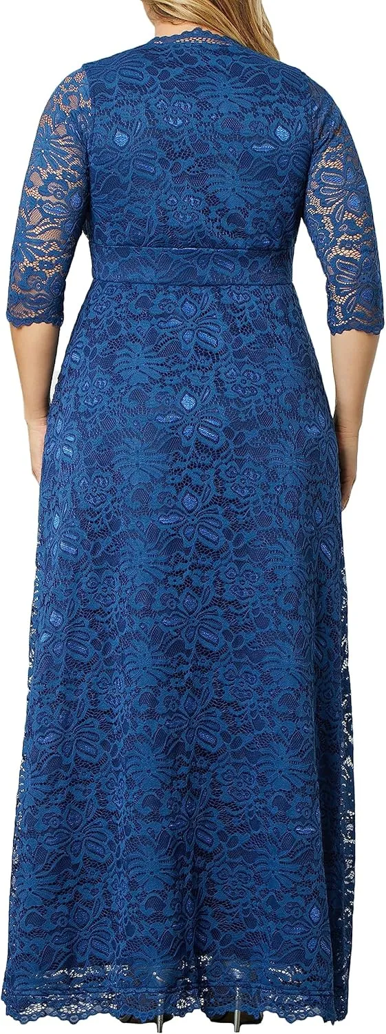 Kiyonna Women's Plus Size Maria Lace Evening Gown | Long Formal Dress with Sleeves