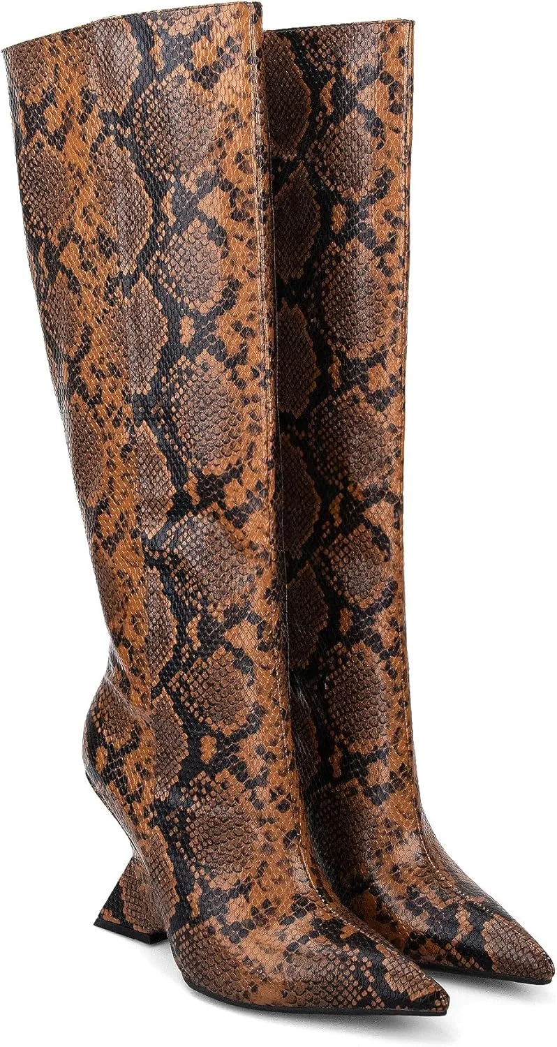 Kluolandi Womens Knee High Boots Sexy Pointed Toe Pull On Strange Wedge Heel Tall Boots for Women
