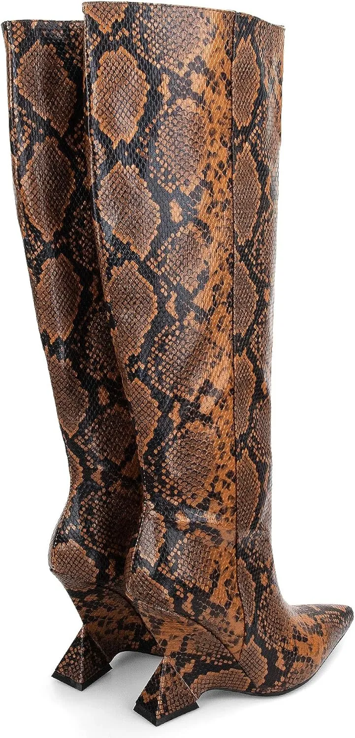 Kluolandi Womens Knee High Boots Sexy Pointed Toe Pull On Strange Wedge Heel Tall Boots for Women