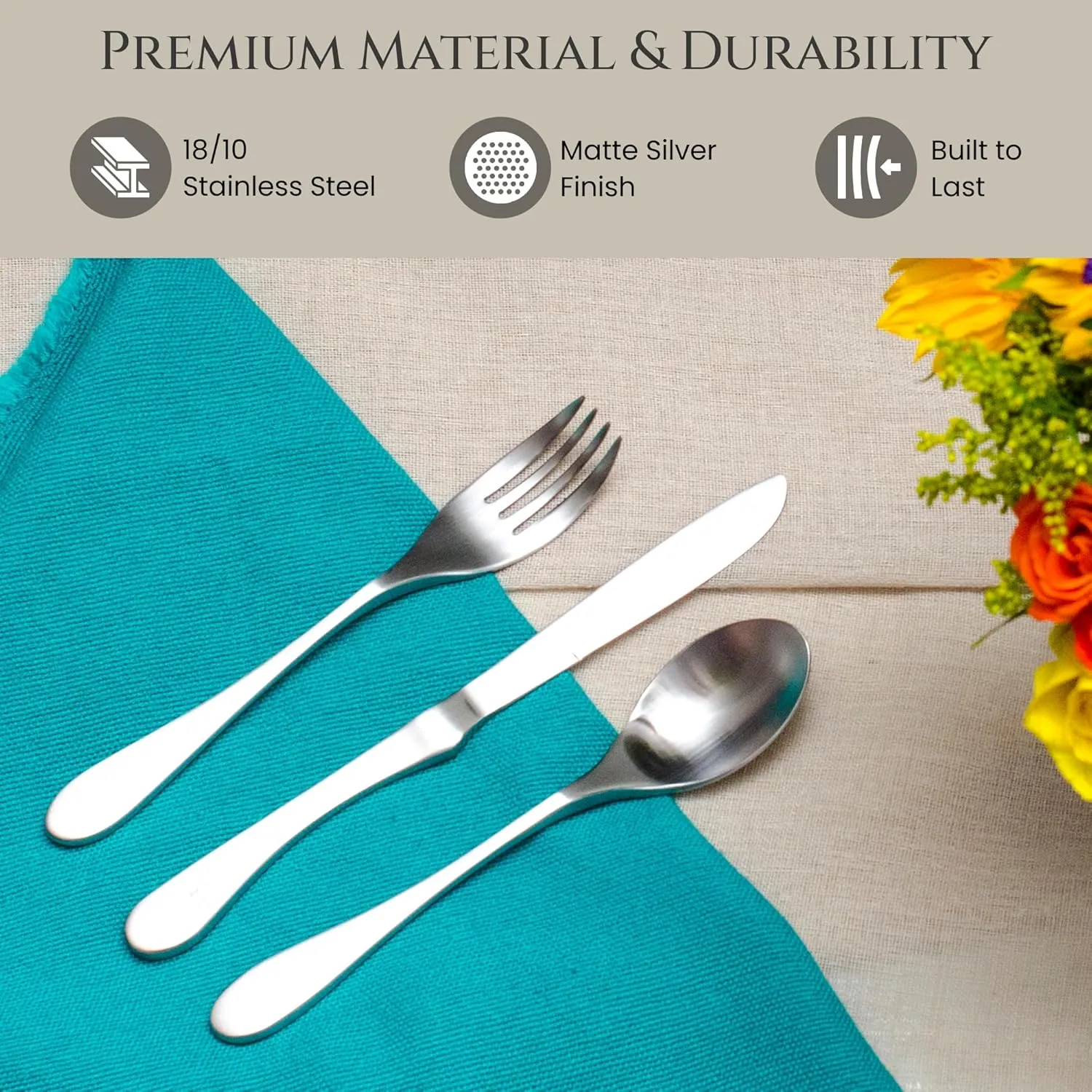 Knork Silverware Set - 20 Piece Matte Silver Cutlery set - Ergonomic Design Utensil sets, 18/10 Stainless Steel Forks Spoons and Knives set