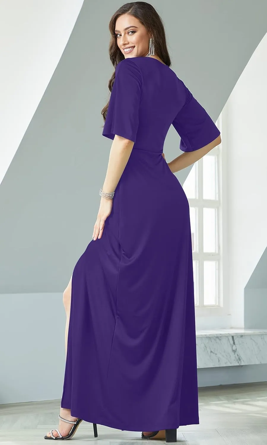 KOH KOH Womens Long Short Sleeve V-Neck Sexy Slimming Casual Summer Maxi Dress