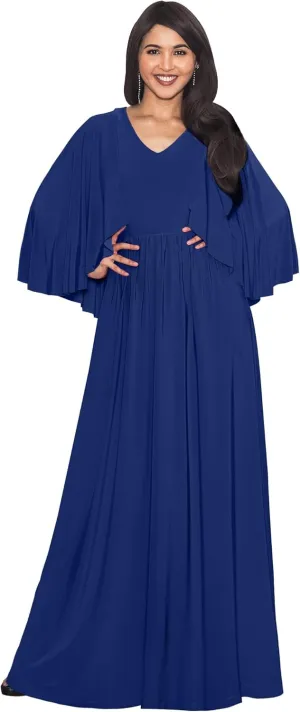 KOH KOH Womens V-Neck Elegant Batwing Cape Sleeves Cocktail Maxi Dress Gown