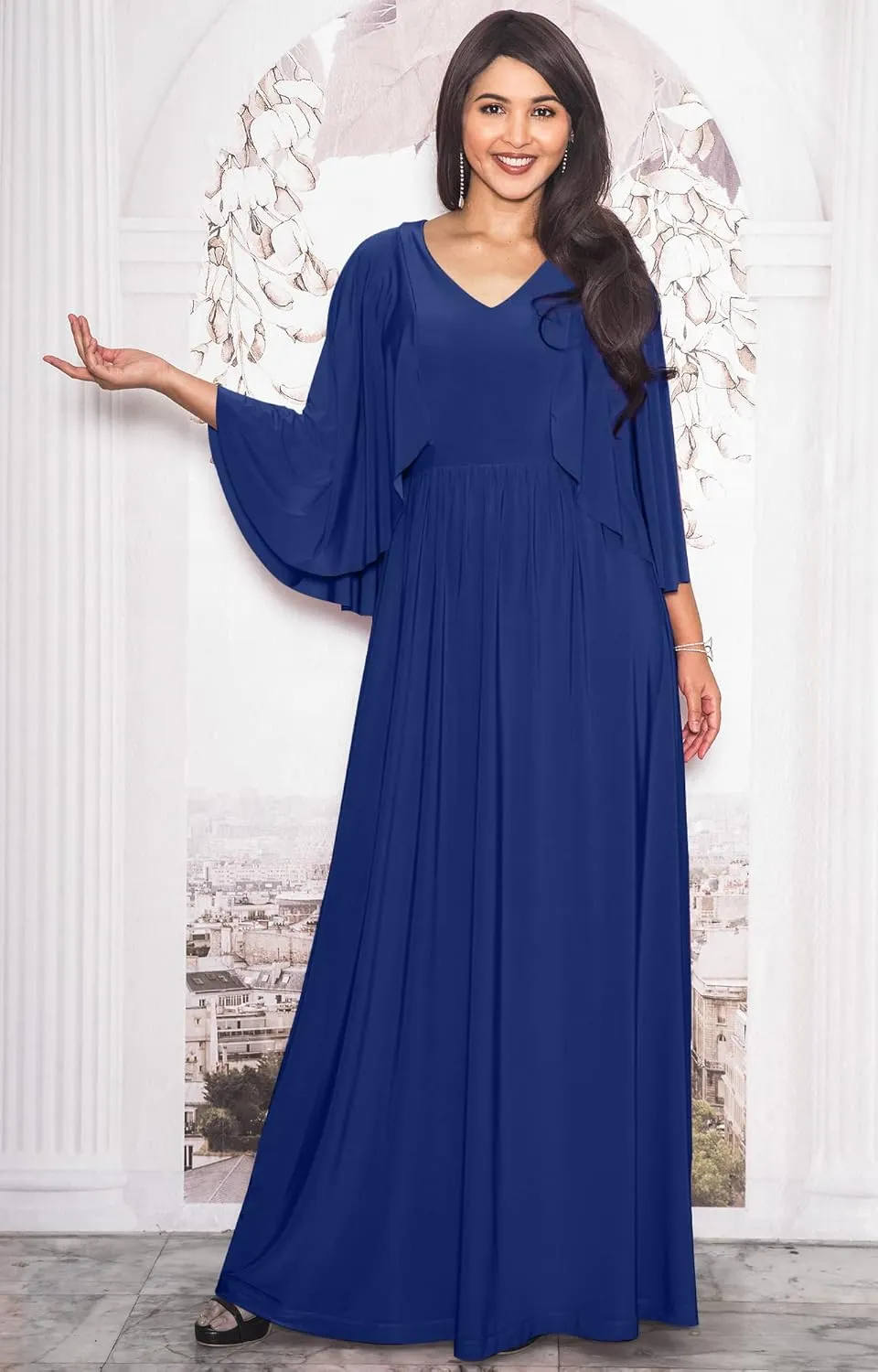 KOH KOH Womens V-Neck Elegant Batwing Cape Sleeves Cocktail Maxi Dress Gown
