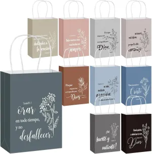 Kolldenn 40 Pcs Spanish Bible Verse Bags Bulk Christian Gift Bags with Handles Inspirational Flower Boho Religious Gifts for Women Church Baptism Mother's Day Wedding First Communion Party Favor
