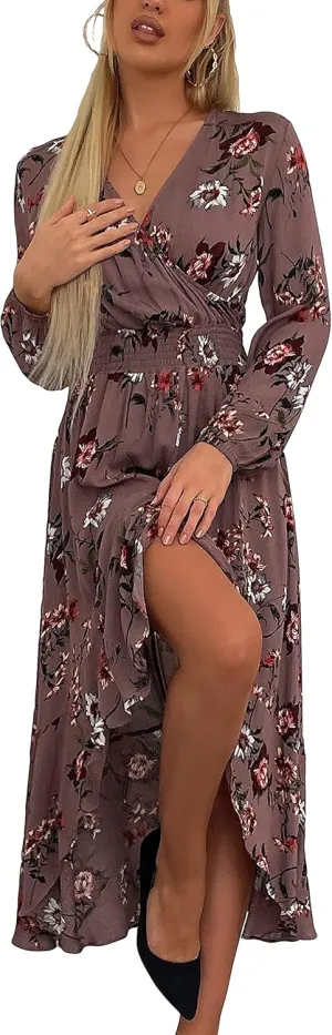 Kormei Womens Short Sleeve Floral High Low V-Neck Flowy Party Long Maxi Dress