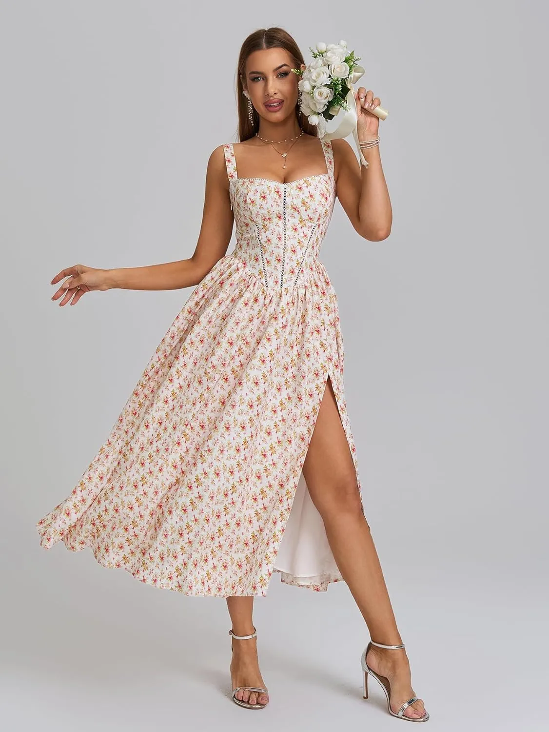 KUTUMAI Floral Corset Midi Dress Flowy Slit Summer Spring Wedding Guest Dresses for Women Sundress with Pockets