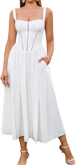 KUTUMAI Floral Corset Midi Dress Flowy Slit Summer Spring Wedding Guest Dresses for Women Sundress with Pockets