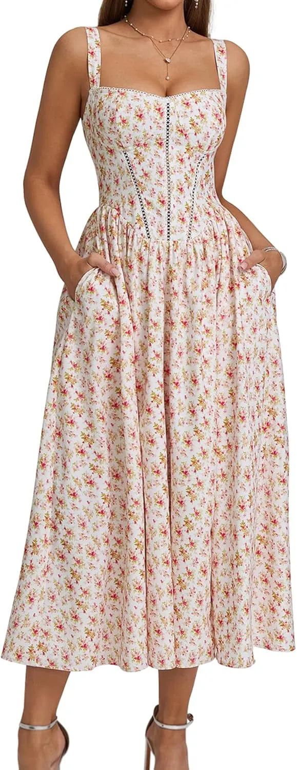 KUTUMAI Floral Corset Midi Dress Flowy Slit Summer Spring Wedding Guest Dresses for Women Sundress with Pockets