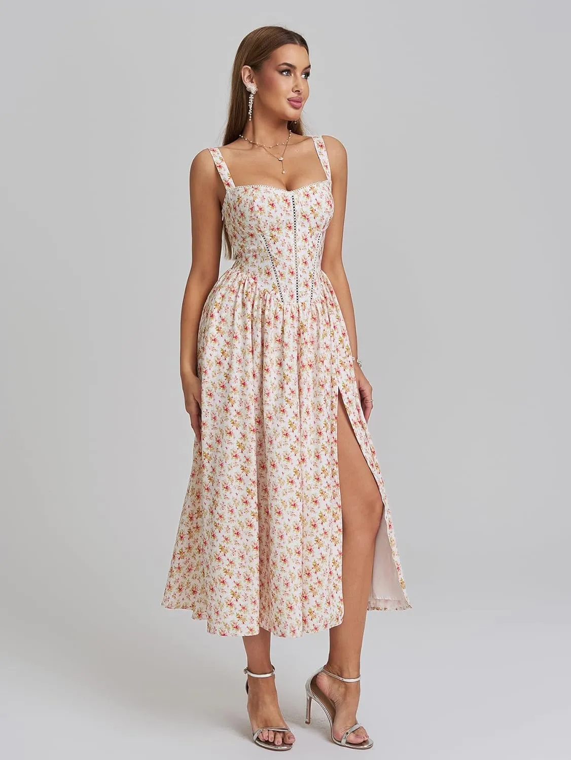KUTUMAI Floral Corset Midi Dress Flowy Slit Summer Spring Wedding Guest Dresses for Women Sundress with Pockets