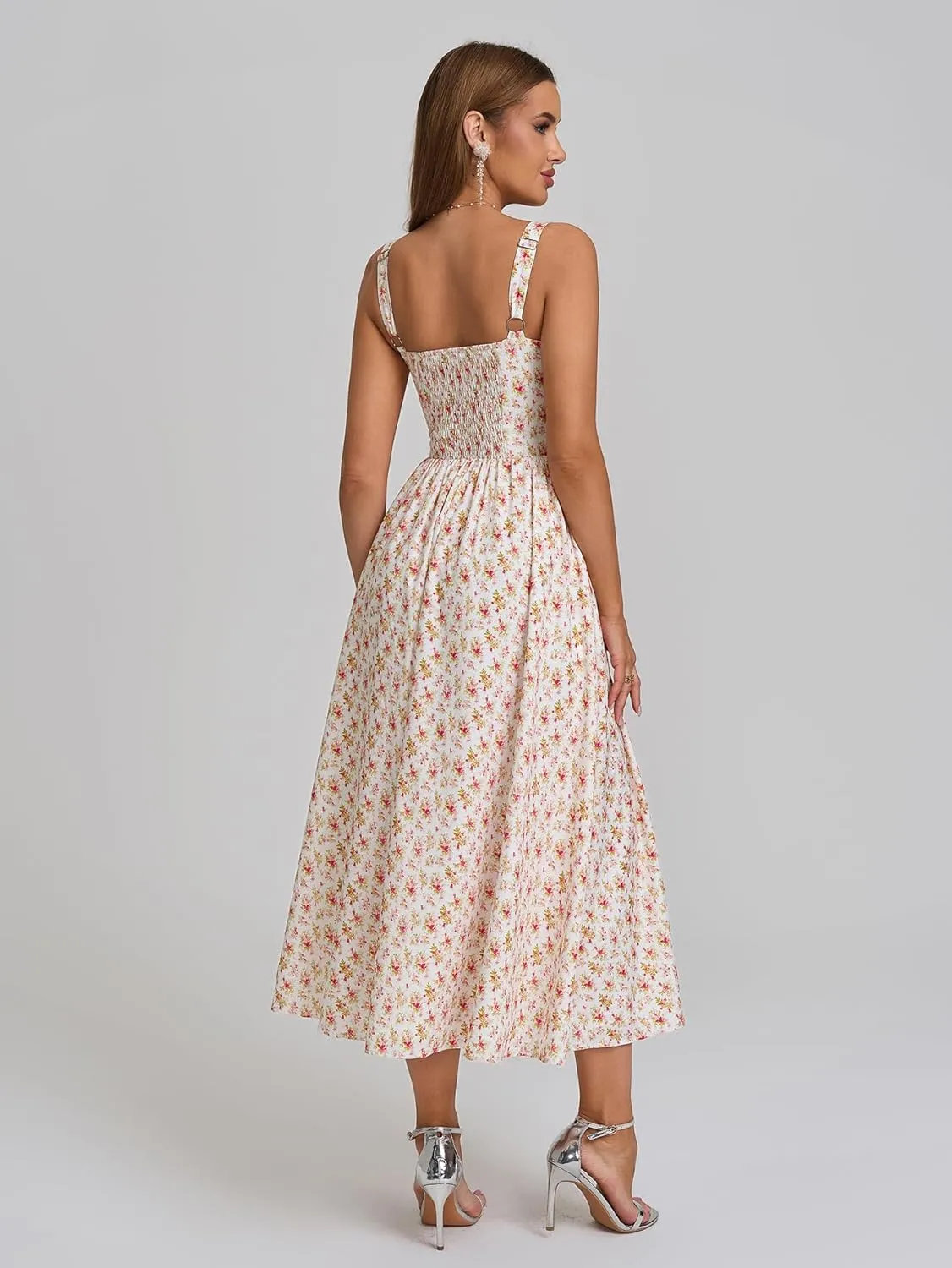 KUTUMAI Floral Corset Midi Dress Flowy Slit Summer Spring Wedding Guest Dresses for Women Sundress with Pockets