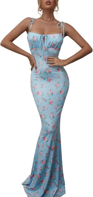KUTUMAI Women's Summer Floral Bodycon Maxi Dress Spaghetti Strap Sleeveless Boho Long Dresses