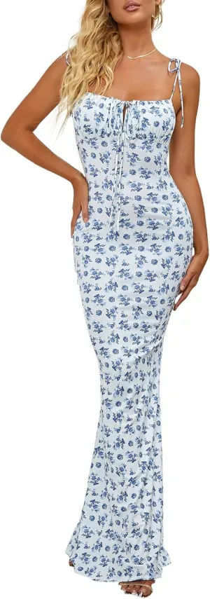 KUTUMAI Women's Summer Floral Bodycon Maxi Dress Spaghetti Strap Sleeveless Boho Long Dresses
