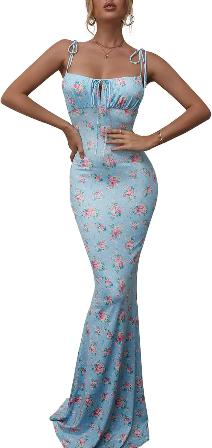 KUTUMAI Women's Summer Floral Bodycon Maxi Dress Spaghetti Strap Sleeveless Boho Long Dresses