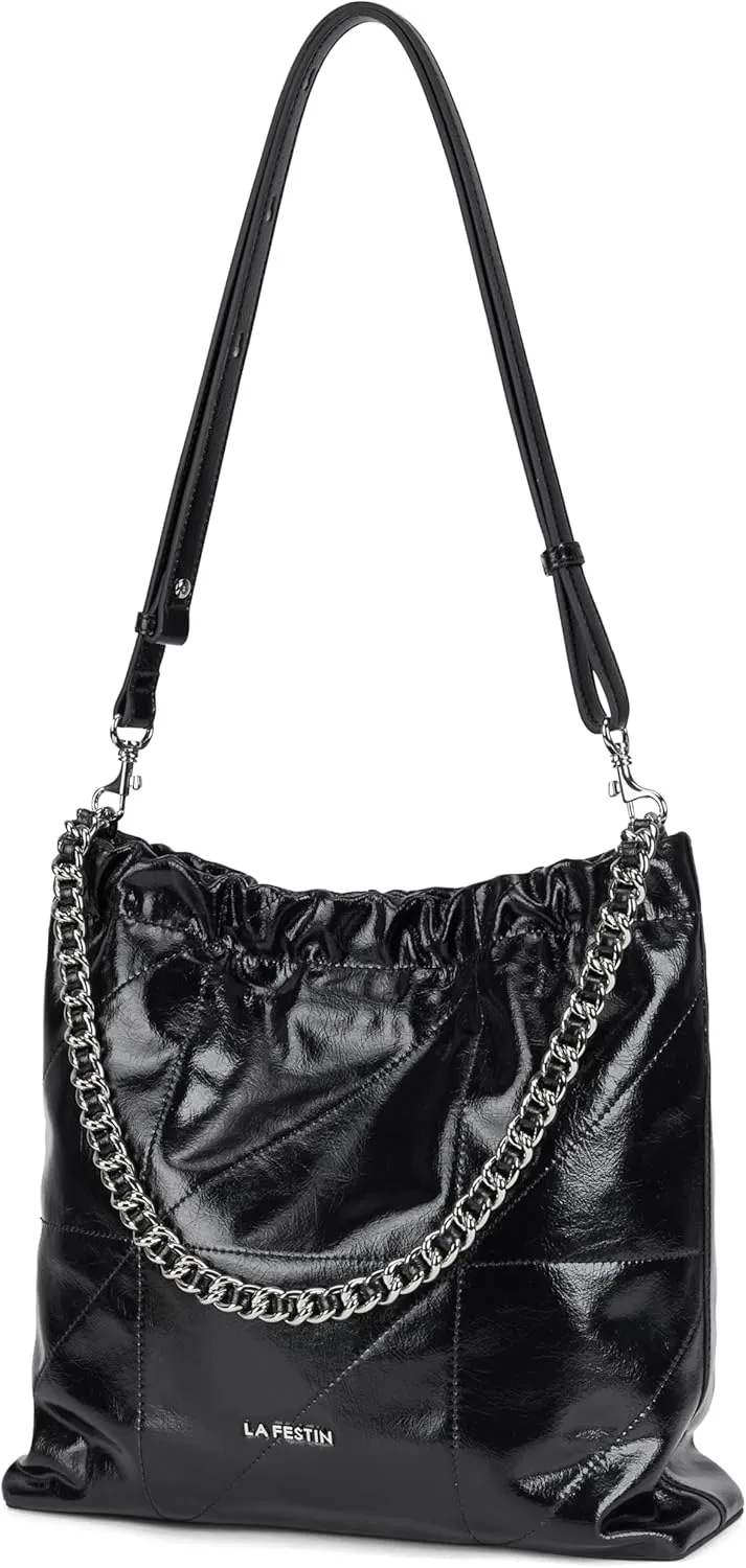 LA FESTIN Split Leather Shoulder Bag for Women with Adjustable Strap, Chain Detail, Elegant Women's Crossbody Handbags