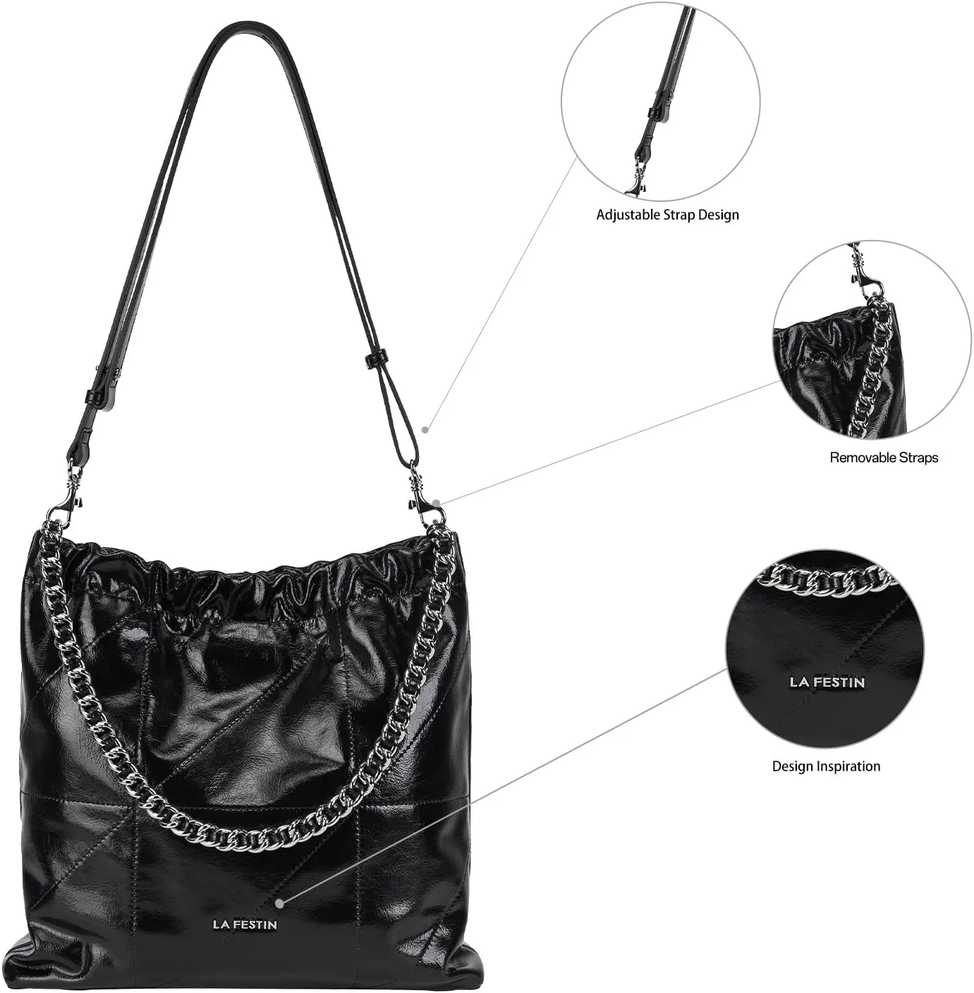 LA FESTIN Split Leather Shoulder Bag for Women with Adjustable Strap, Chain Detail, Elegant Women's Crossbody Handbags