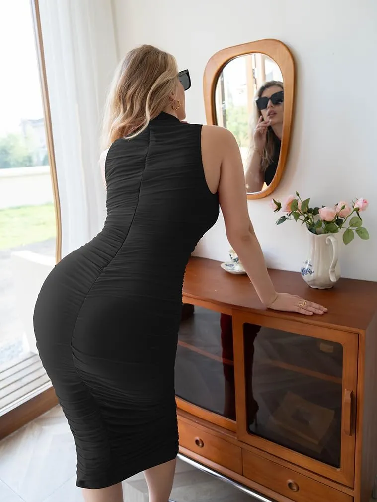 LAGSHIAN Women's Sexy Bodycon High Neck Sleeveless Ruched Midi Cocktail Party Dress