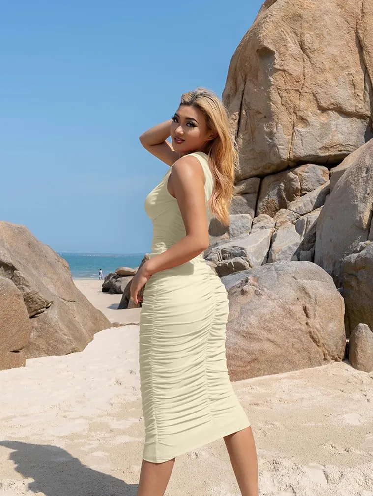 LAGSHIAN Women's Sexy Bodycon One Shoulder Sleeveless Ruched Midi Club Party Dress