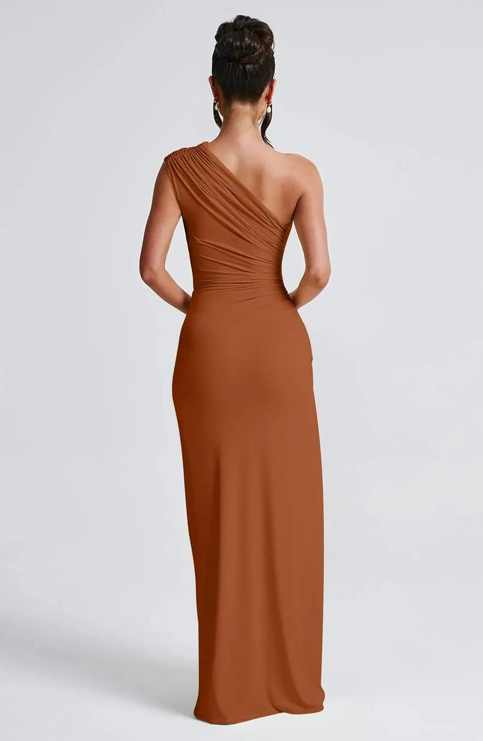 LAGSHIAN Women's Summer Sexy Bodycon One Shoulder High Split Ruched Cocktail Party Long Dress
