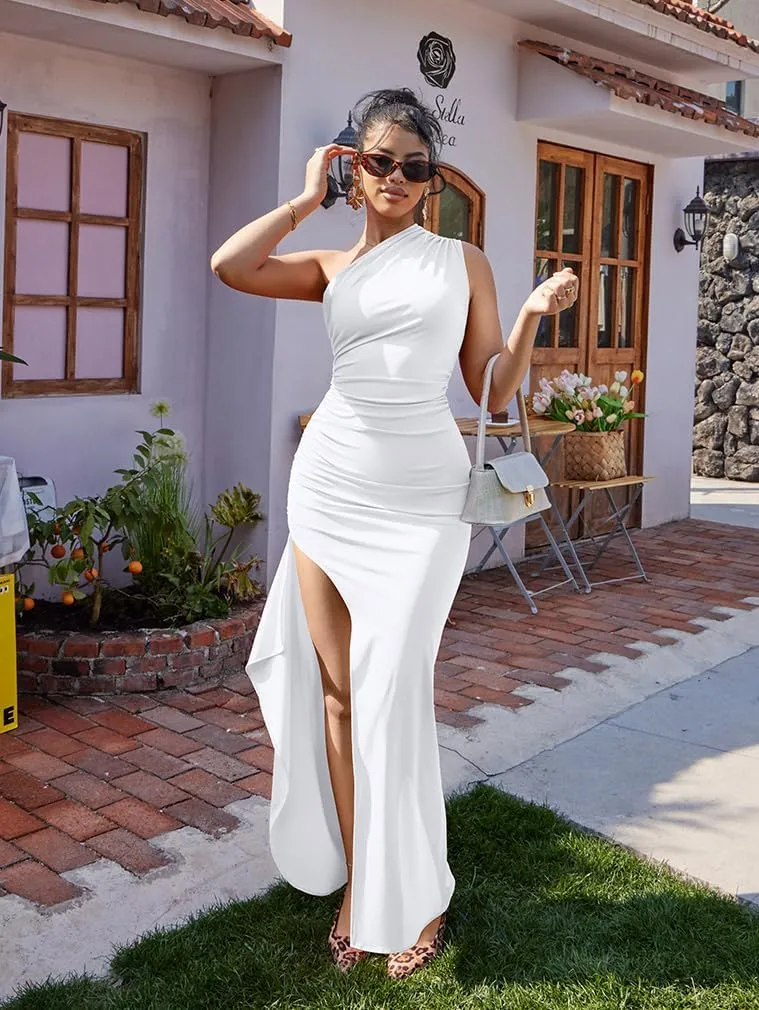 LAGSHIAN Women's Summer Sexy Bodycon One Shoulder High Split Ruched Cocktail Party Long Dress
