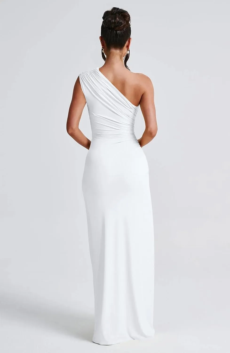 LAGSHIAN Women's Summer Sexy Bodycon One Shoulder High Split Ruched Cocktail Party Long Dress