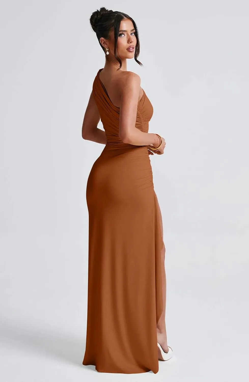 LAGSHIAN Women's Summer Sexy Bodycon One Shoulder High Split Ruched Cocktail Party Long Dress