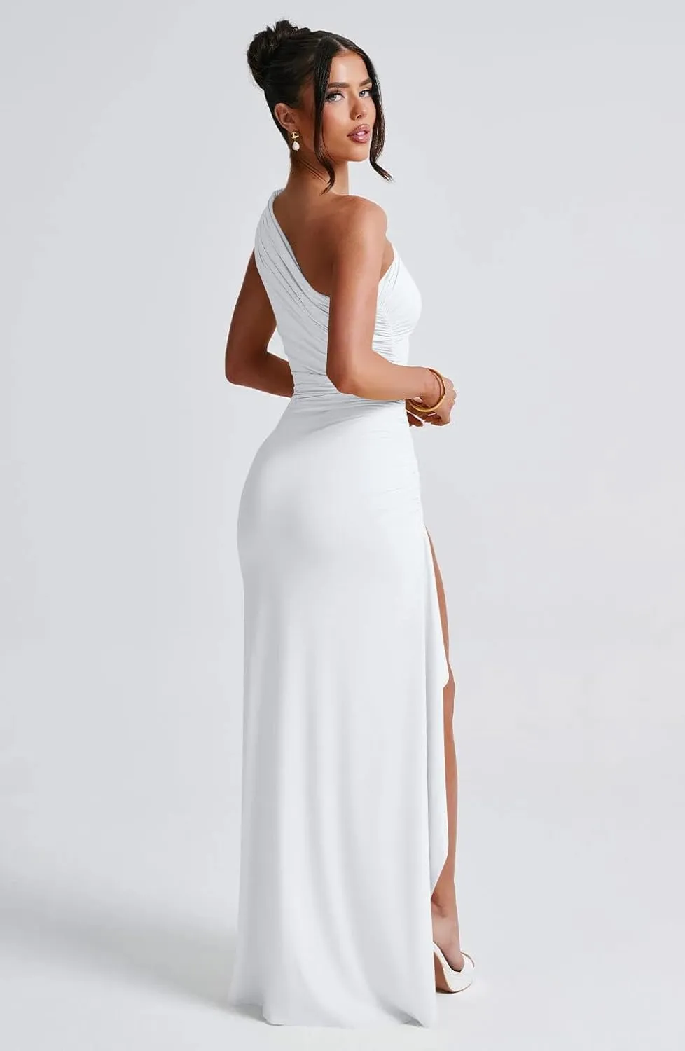 LAGSHIAN Women's Summer Sexy Bodycon One Shoulder High Split Ruched Cocktail Party Long Dress