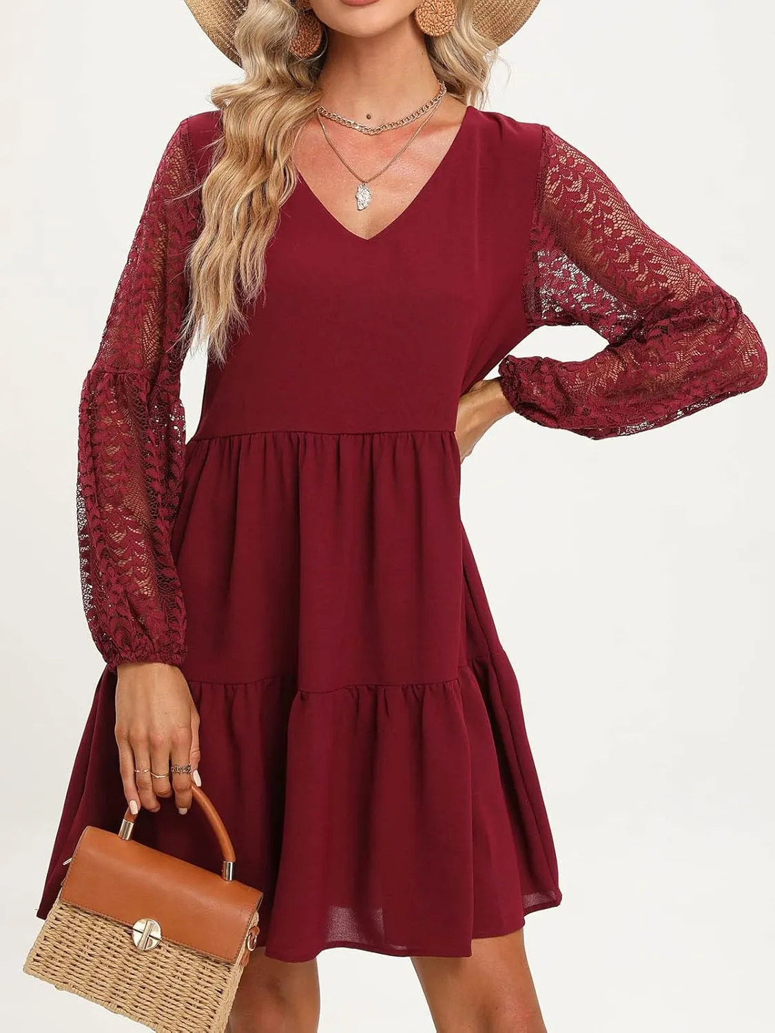 LATH.PIN Women’s 2023 Summer Dresses V Neck Lace Lantern Long Sleeves Tunic Dress Cute Shift Babydoll Dress with Pocket