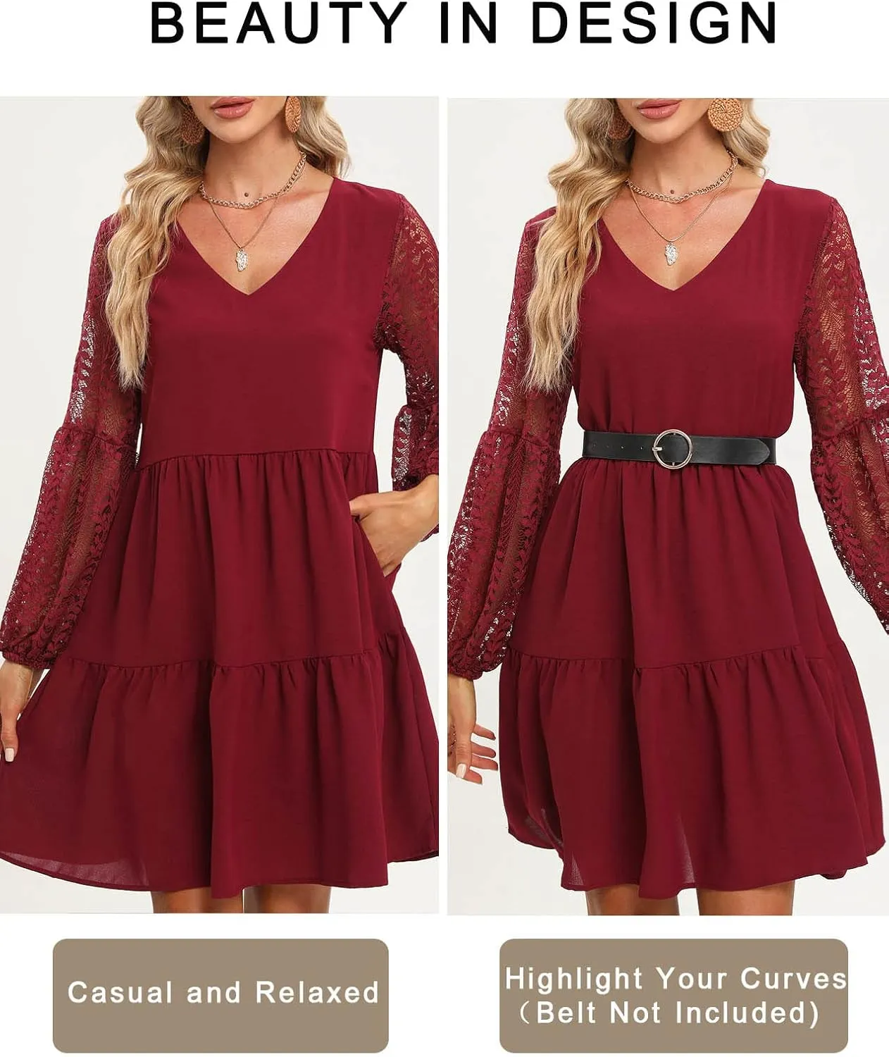 LATH.PIN Women’s 2023 Summer Dresses V Neck Lace Lantern Long Sleeves Tunic Dress Cute Shift Babydoll Dress with Pocket