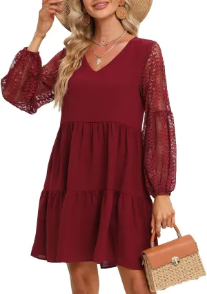LATH.PIN Women’s 2023 Summer Dresses V Neck Lace Lantern Long Sleeves Tunic Dress Cute Shift Babydoll Dress with Pocket
