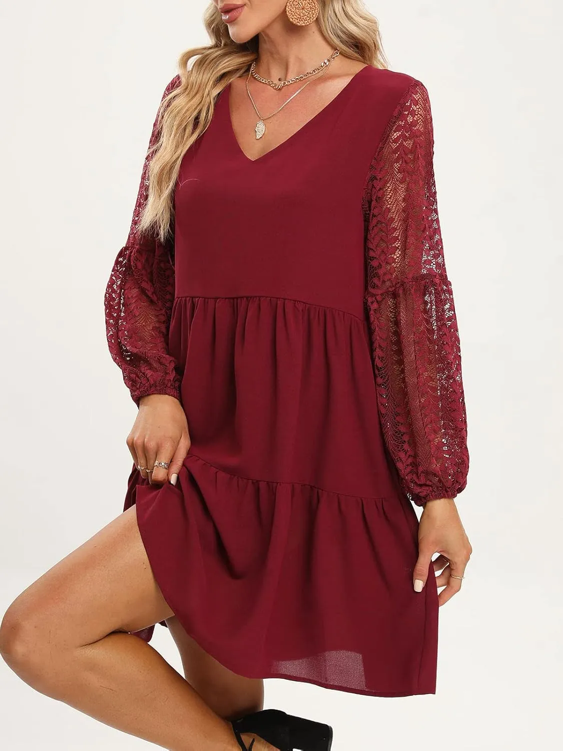 LATH.PIN Women’s 2023 Summer Dresses V Neck Lace Lantern Long Sleeves Tunic Dress Cute Shift Babydoll Dress with Pocket
