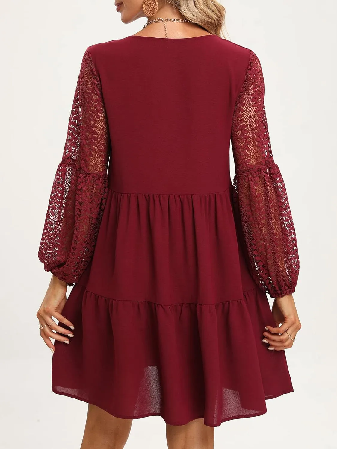 LATH.PIN Women’s 2023 Summer Dresses V Neck Lace Lantern Long Sleeves Tunic Dress Cute Shift Babydoll Dress with Pocket