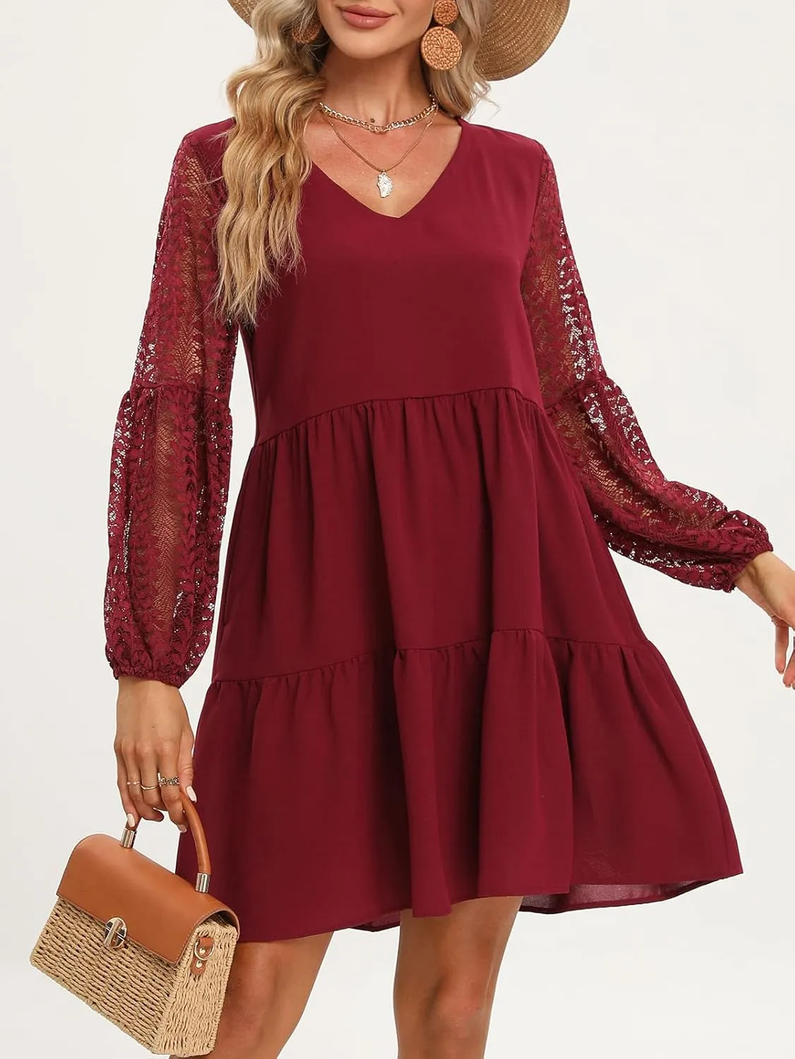 LATH.PIN Women’s 2023 Summer Dresses V Neck Lace Lantern Long Sleeves Tunic Dress Cute Shift Babydoll Dress with Pocket