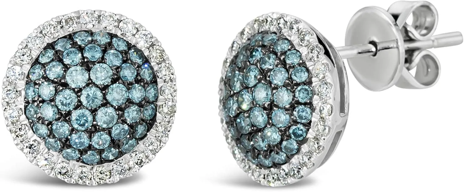 LE VIAN 7/8 Carat White and Blue Diamond Round Halo Stud Earrings with Push Backs for Women in 14k White Gold (H-I/Fancy Blue, SI2-I1, cttw)