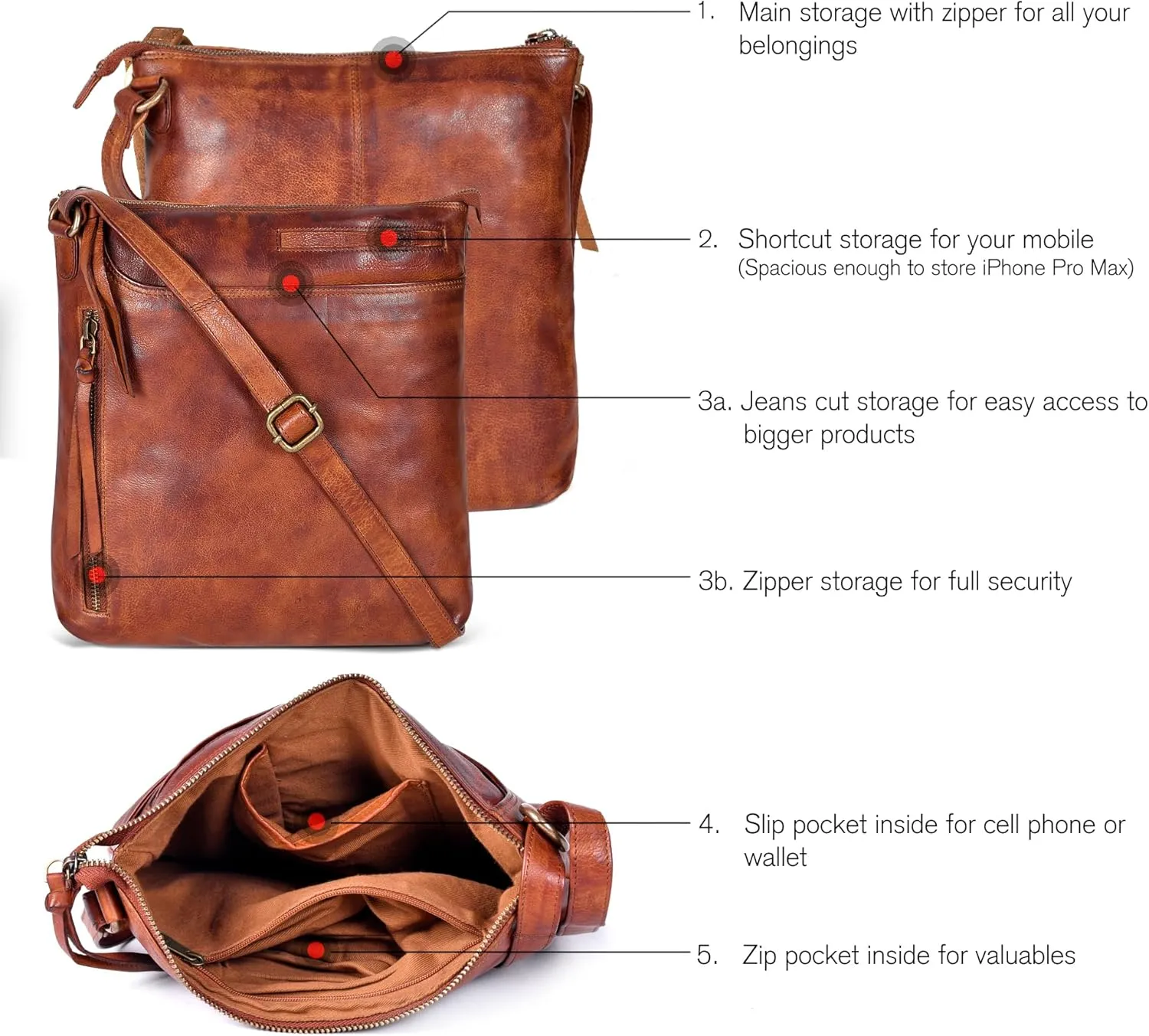 Leather Crossbody Bags for Women - Ladies Sling Handbags - Medium Cross body Purses Handbags - Purses For Women