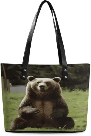 Leather Purse For Women Elegance Hi Bear Sit on The Lawn Printing Tote Bag Pu Purses Handbags For Work Travel Casual Use
