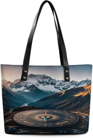 Leather Purse For Women Elegance Mountain Compass Printing Tote Bag Pu Purses Handbags For Work Travel Casual Use