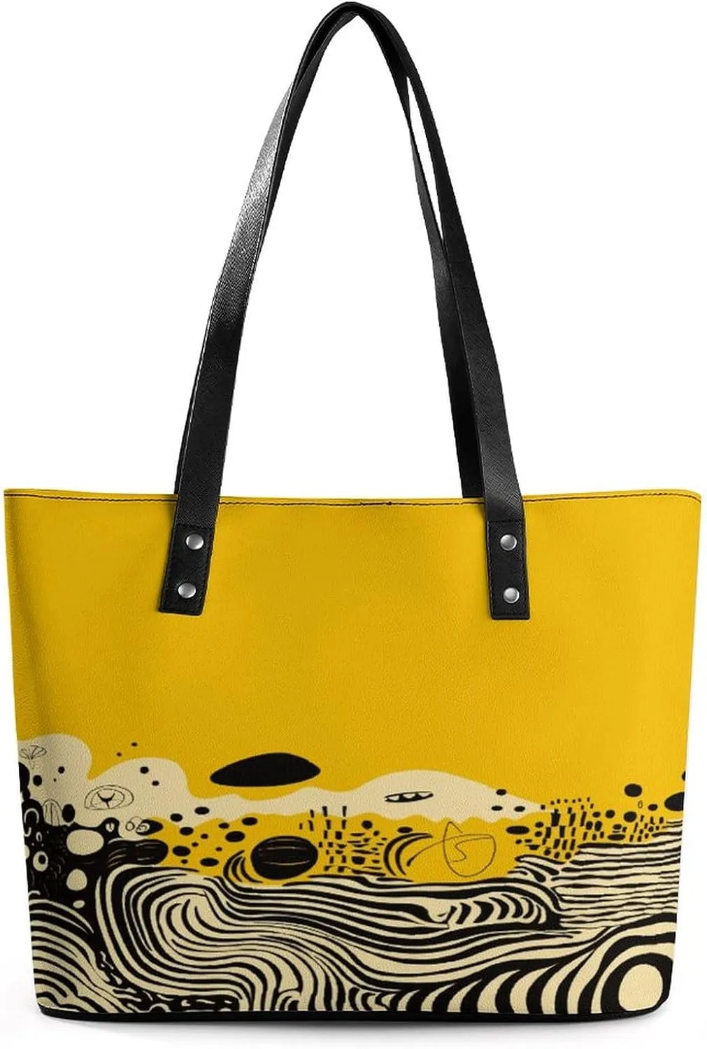 Leather Purse For Women Elegance Mustard Yellow And Black Printing Tote Bag Pu Purses Handbags For Work Travel Casual Use