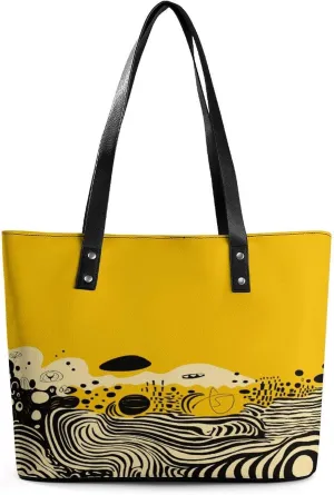 Leather Purse For Women Elegance Mustard Yellow And Black Printing Tote Bag Pu Purses Handbags For Work Travel Casual Use