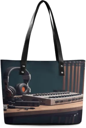 Leather Purse For Women Elegance Recorder with Headphones Printing Tote Bag Pu Purses Handbags For Work Travel Casual Use